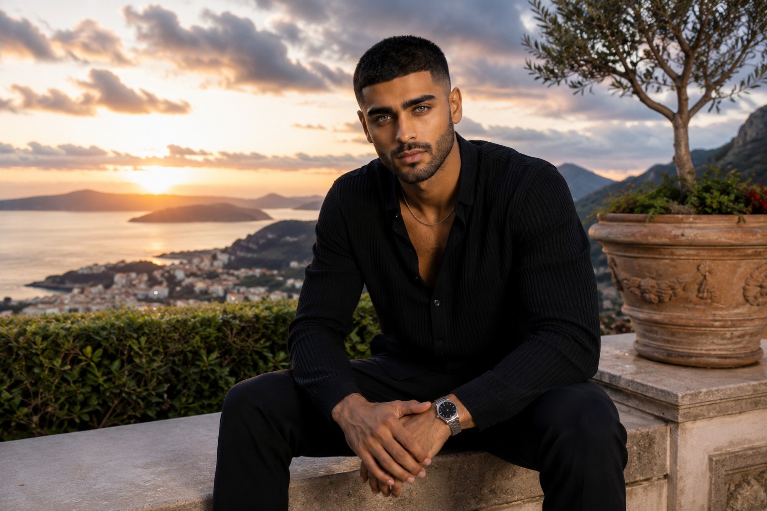 Adam Kayani on a coastal terrace at sunset