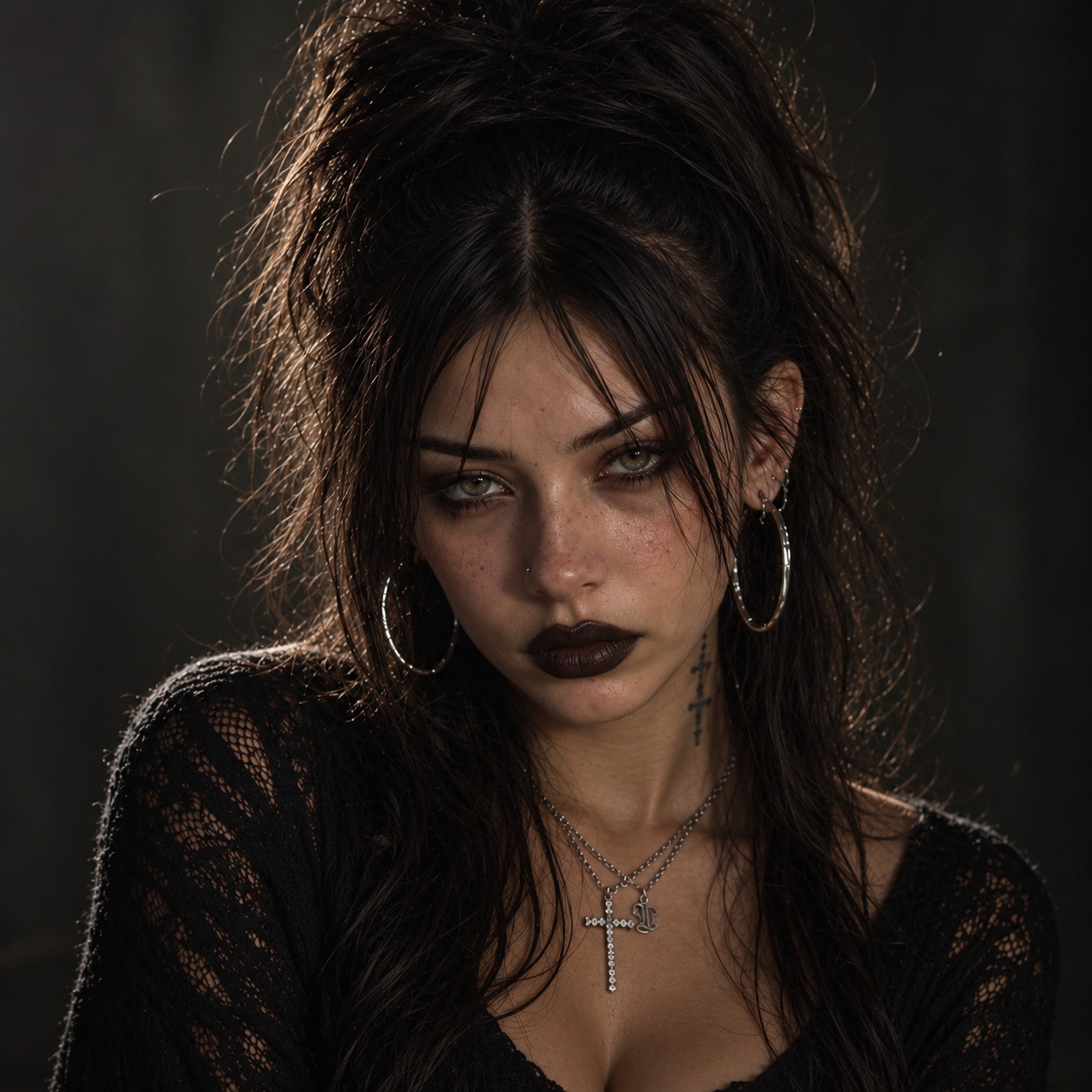 Violet Sabre in black lace with silver jewellery